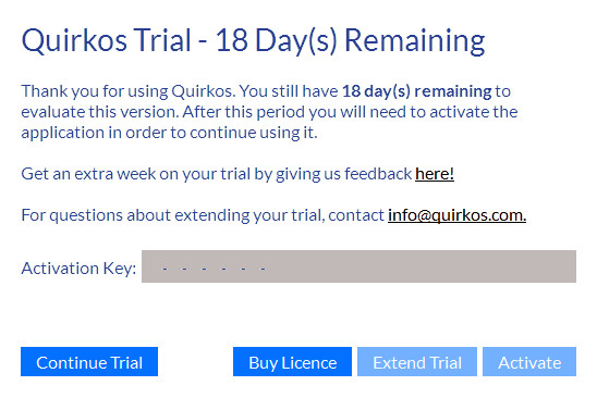 Screenshot of Quirkos trial screen with licence key entry field