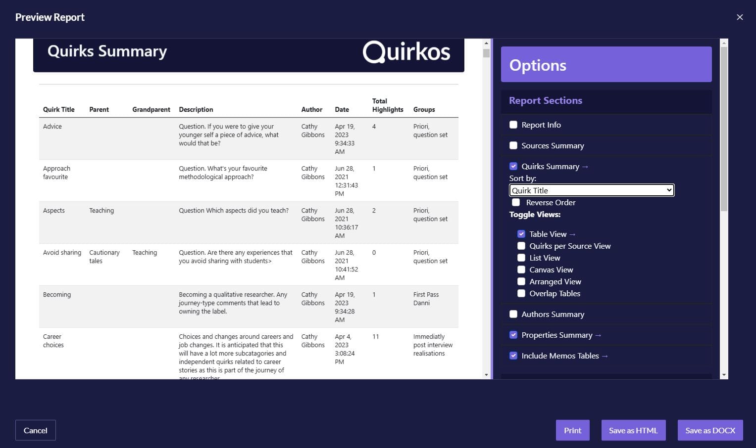 Quirkos Report – Which shows a Quirk Summary table. Here it is listed in alphabetical order of Quirk Title