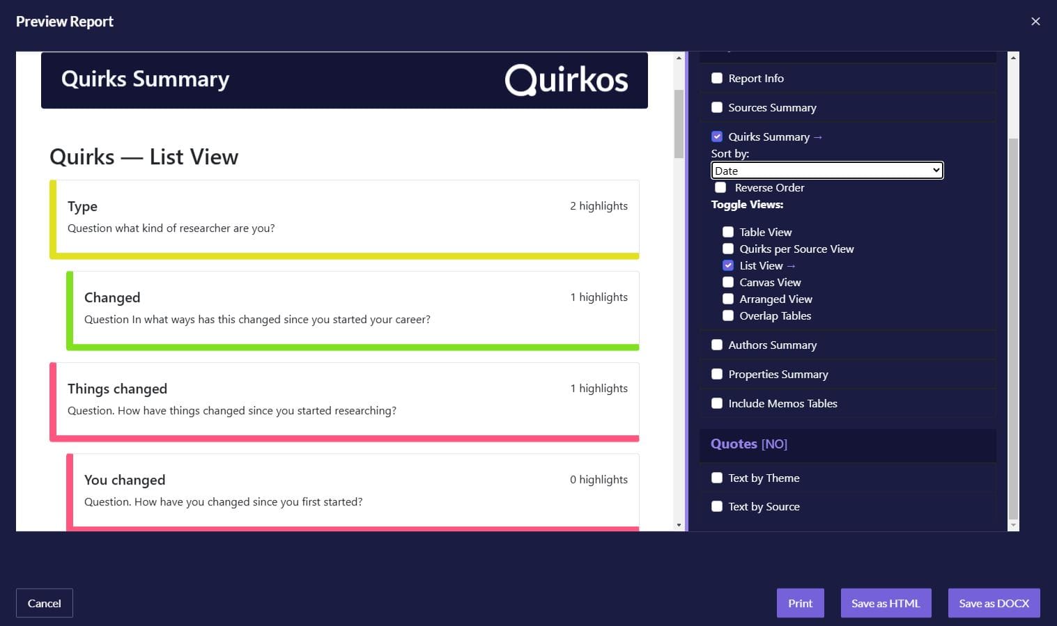 Quirkos Report – Quirk Summary, List View, showing Quirk titles, descriptions, creation date, and colour matched to the Quirk’s colour as it appears on the canvas view.