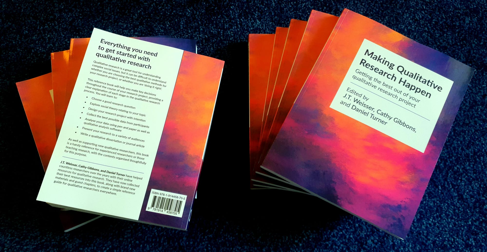 Stacks of our textbook, Making Qualitative Research Happen.