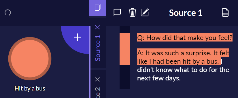 An example of coding some data in vivo in Quirkos, using direct words from the text.