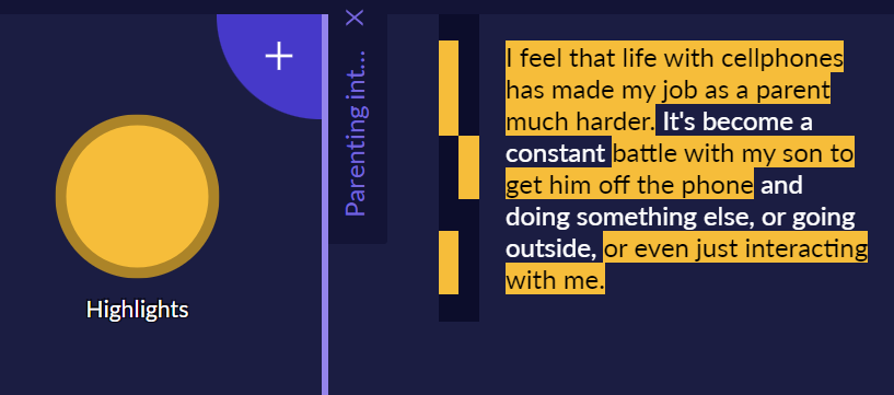 An example of open coding in Quirkos where you only use one code, 'Highlights', to mark interesting passages