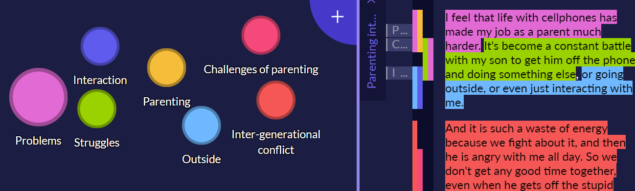 Example of axial coding using codes in Quirkos