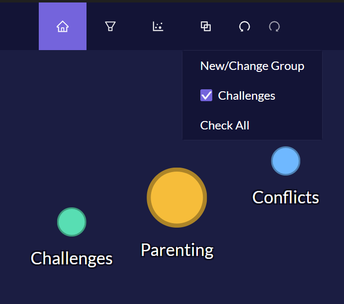 An example of axial coding with groups in Quirkos, by adding a group called 'Challenges'