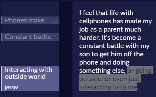 A series of memos in Quirkos used for open coding