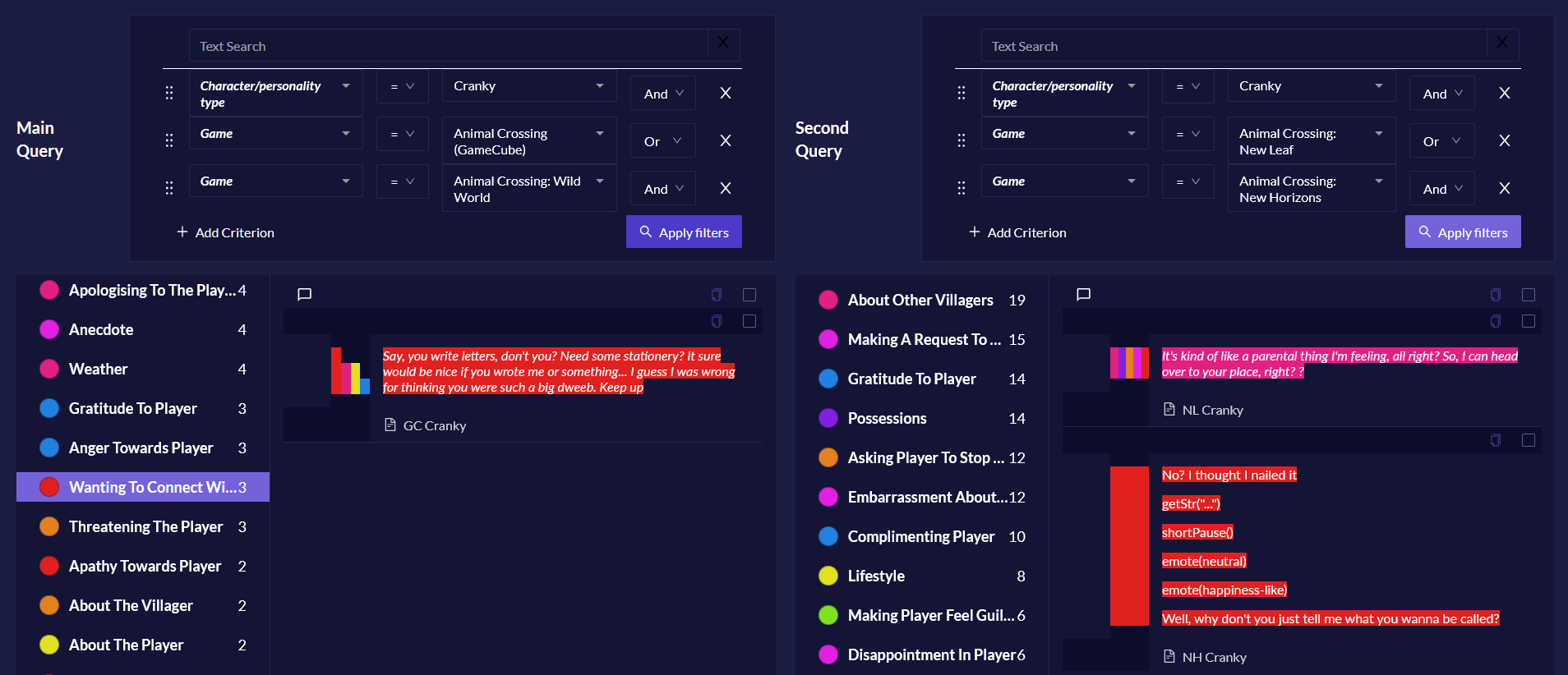 A side-by-side query view in Quirkos.