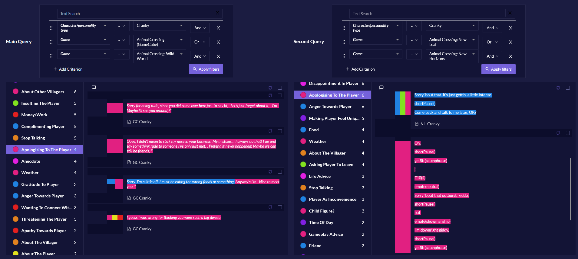 Side by side query view, showing differences between old and new cranky villager dialogue
