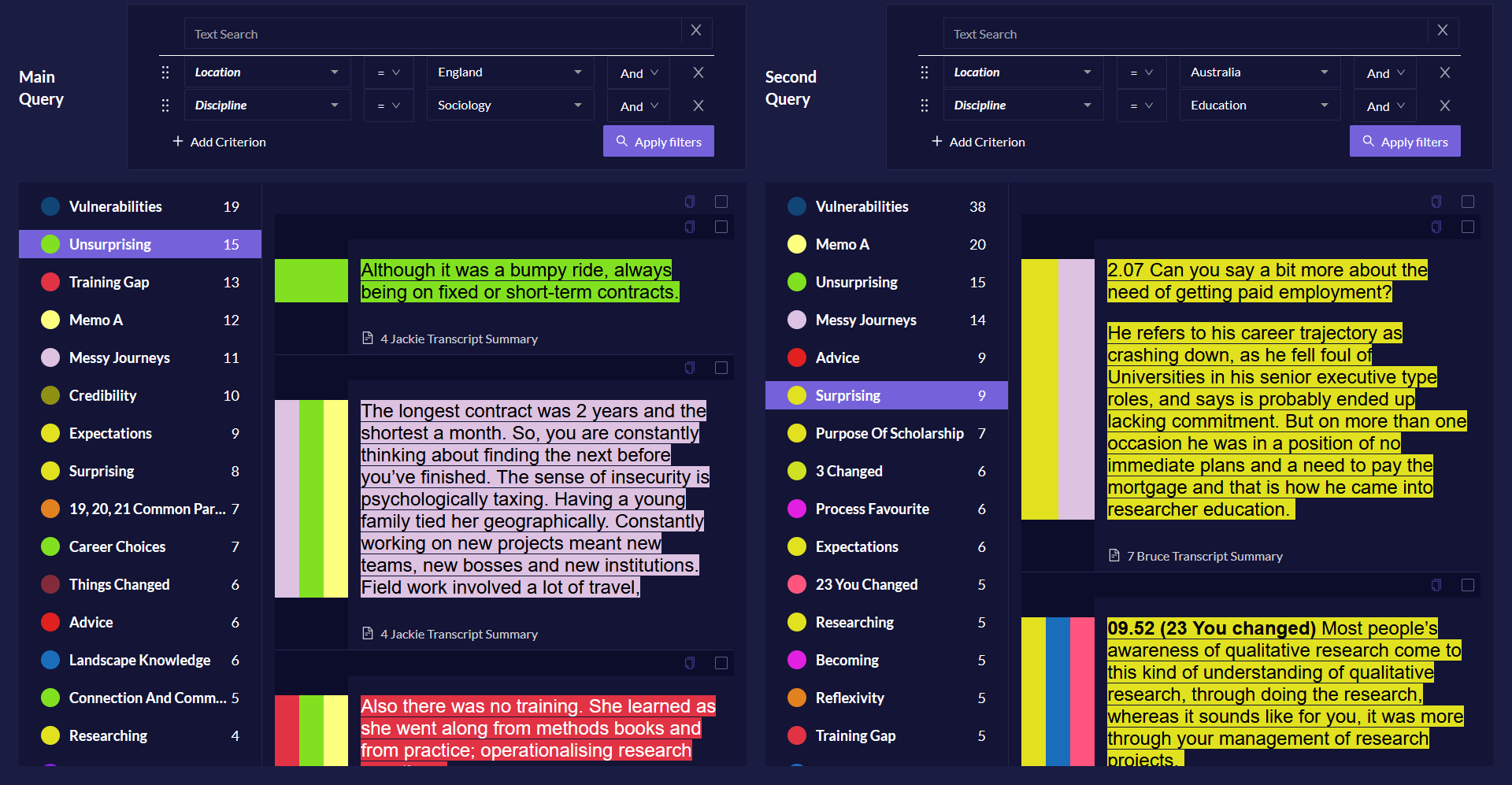 Side by side comparison queries in Quirkos