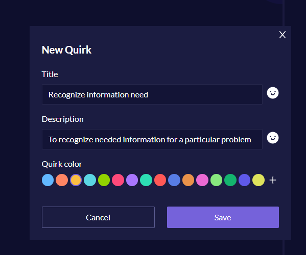 Defining a new code for 'Recognize information need' in Quirkos