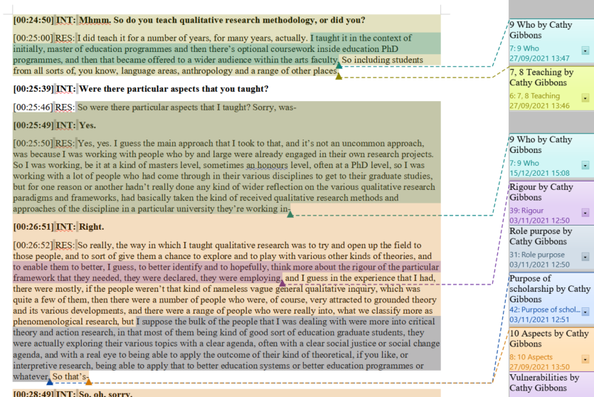 A Word document exported from Quirkos, with your codes highlighting the text as comments.