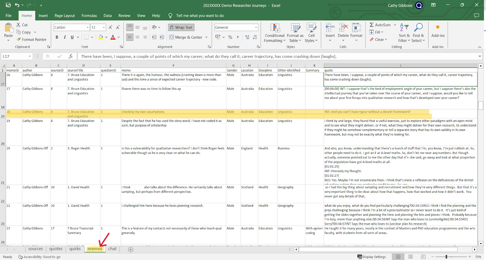 Screenshot of the Quirkos Excel spreadsheet export, on the 'memos' tab with a list of all memos associated with the project.