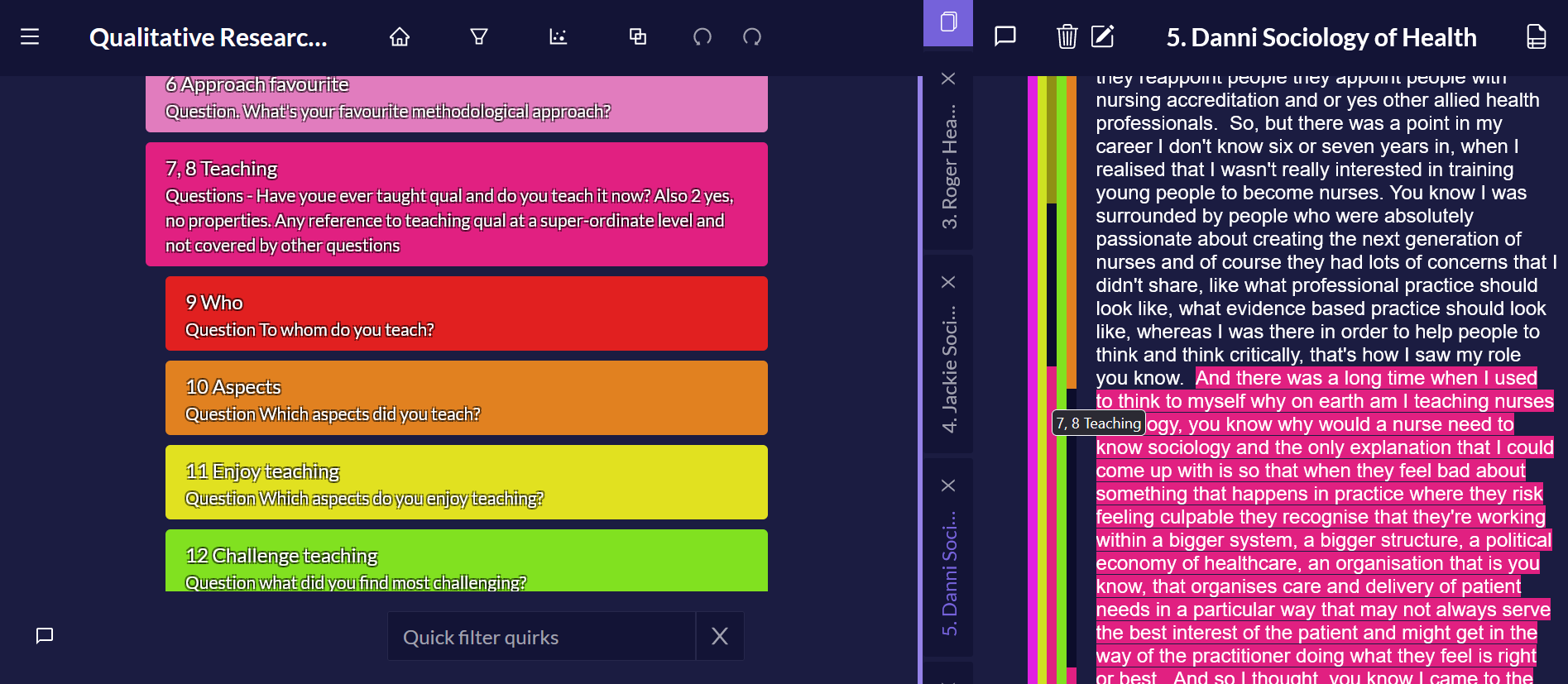 Example of focusing on codes in Quirkos list view