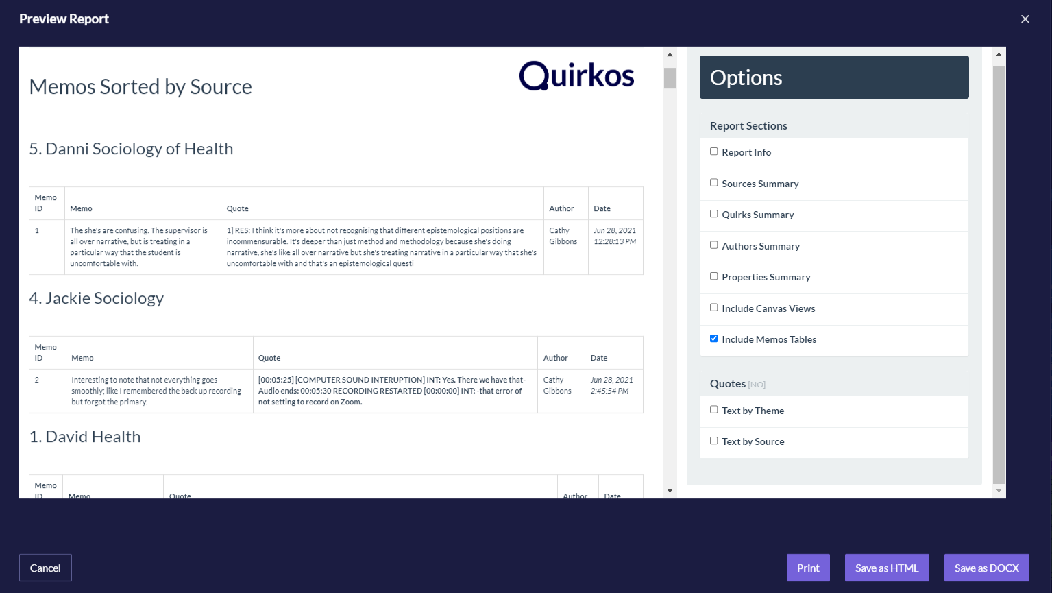 Screenshot of the Quirkos Report view, with tables of memos.