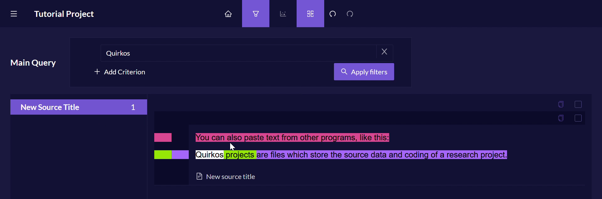 Query view in Quirkos, showing the text search function.
