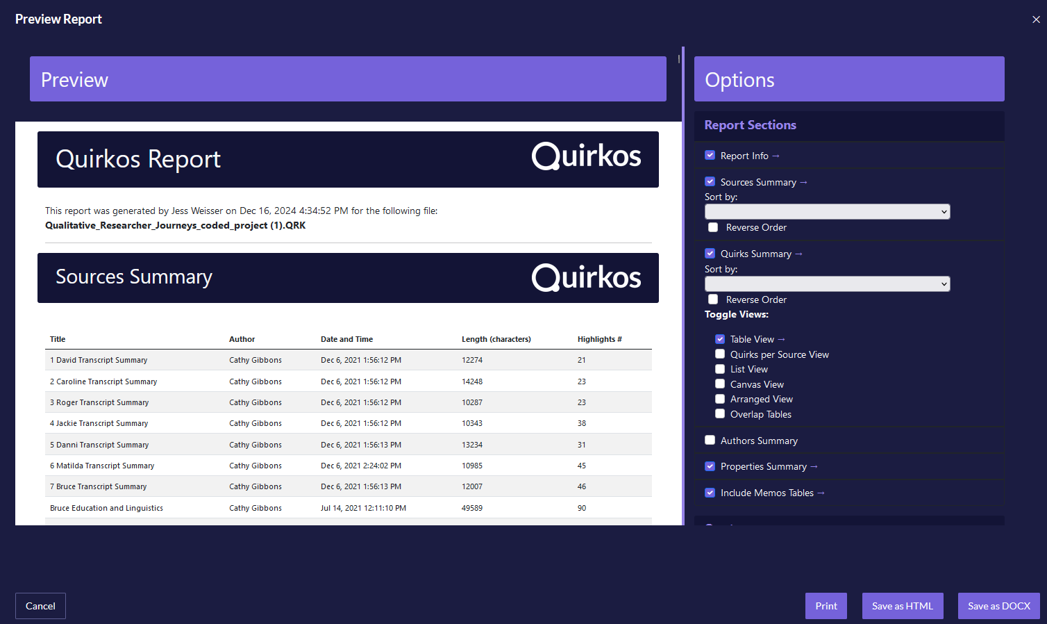 Preview of the Quirkos report export, with a summary of sources.