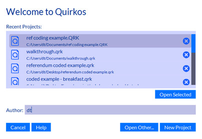 Start a new project in Quirkos
