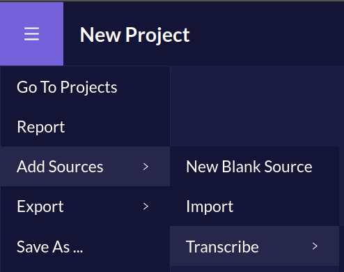 Quirkos Transcribe import menu
